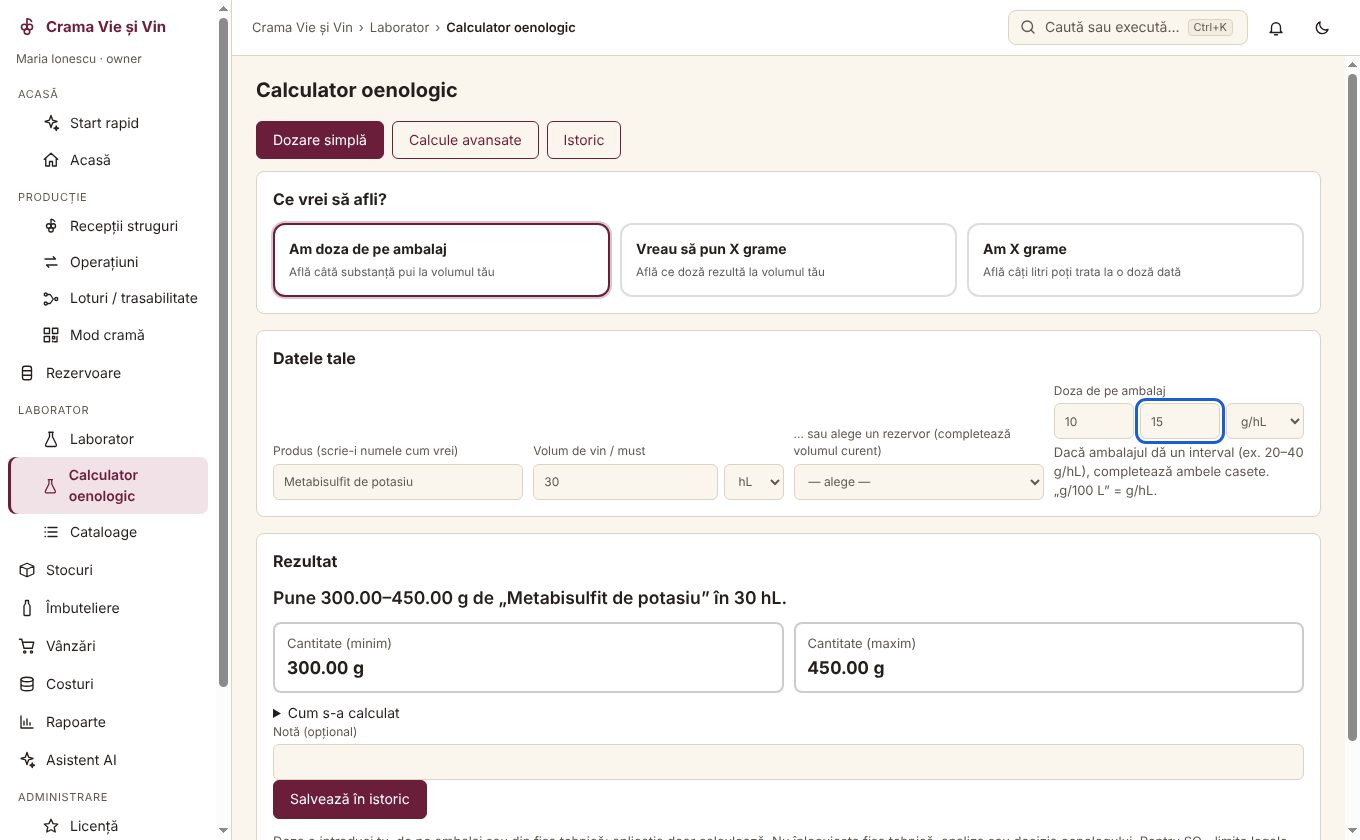 Calculator oenologic: doza de pe ambalaj înmulțită cu volumul